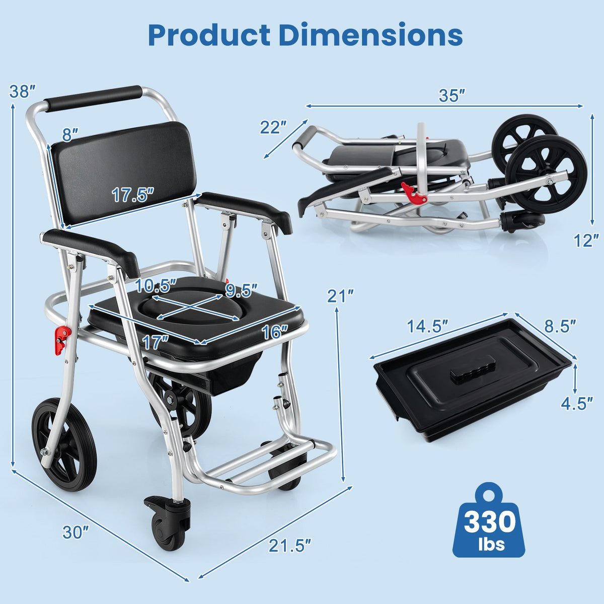 4-in-1 Foldable Bedside Commode Chair with Brakes and Bucket and Footrest view 5