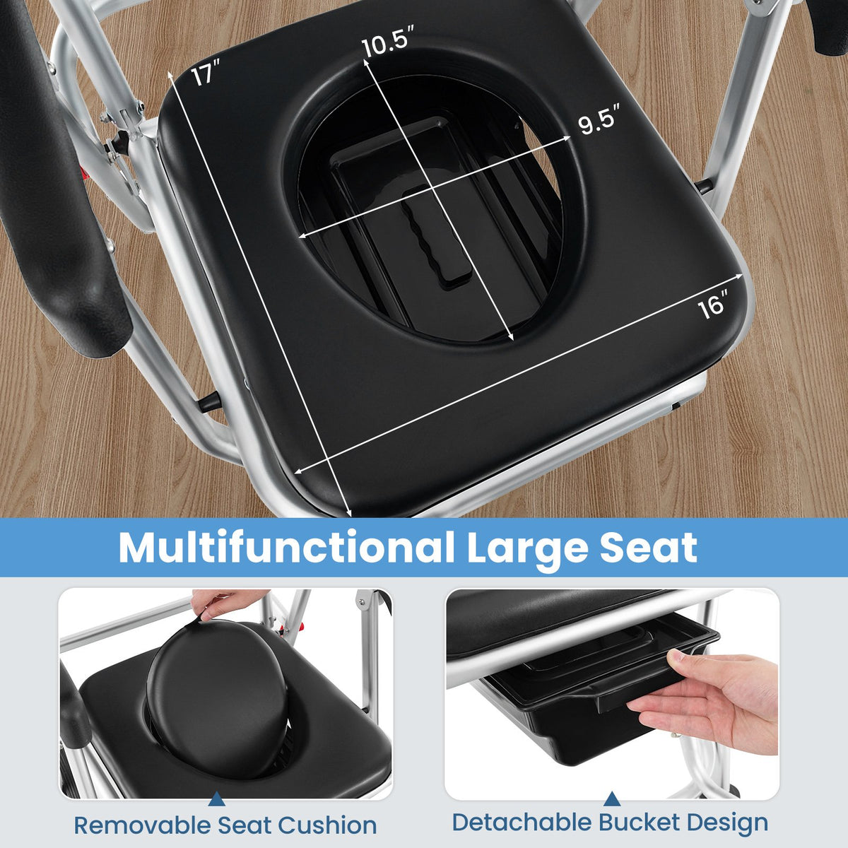 4-in-1 Foldable Bedside Commode Chair with Brakes and Bucket and Footrest view 6