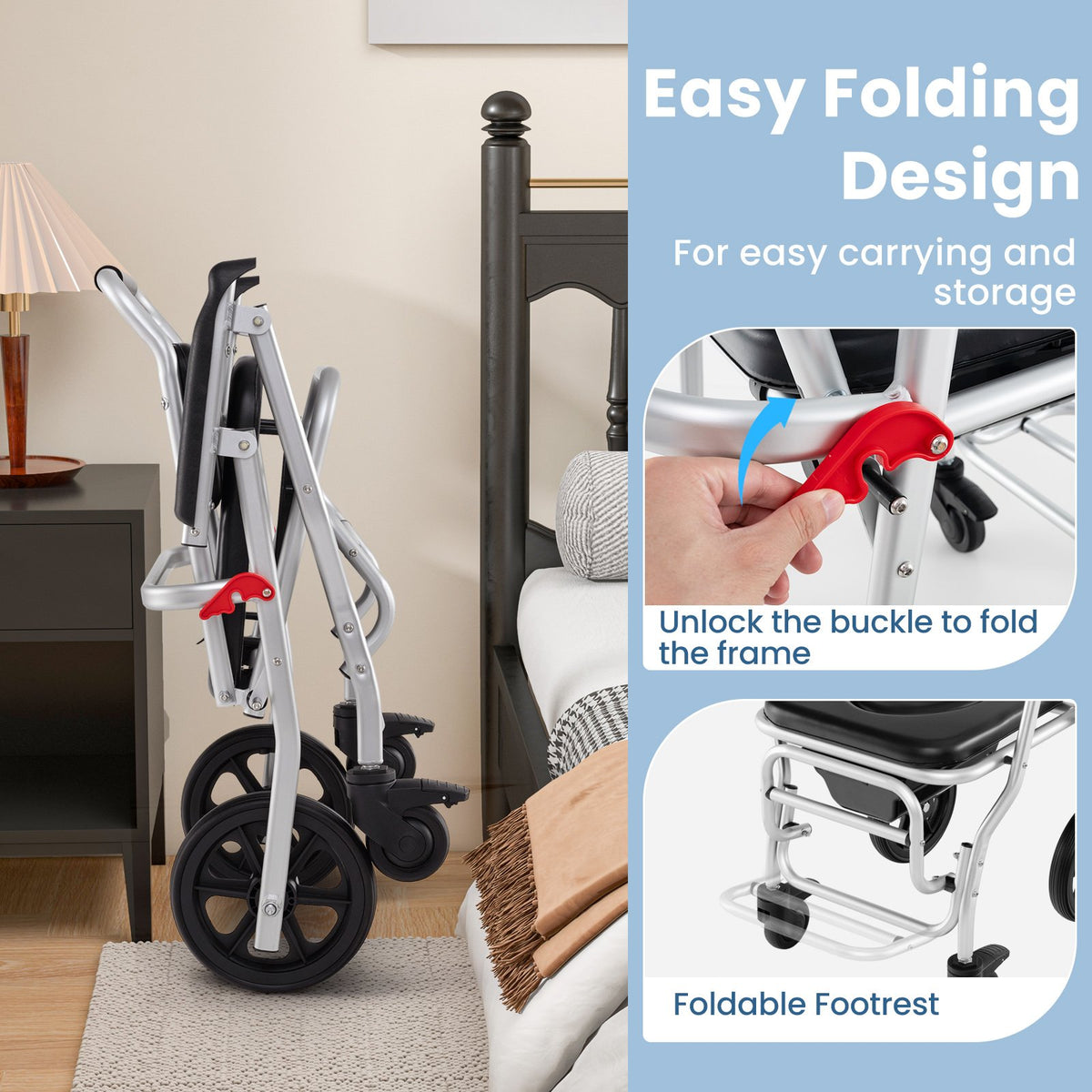 4-in-1 Foldable Bedside Commode Chair with Brakes and Bucket and Footrest view 7