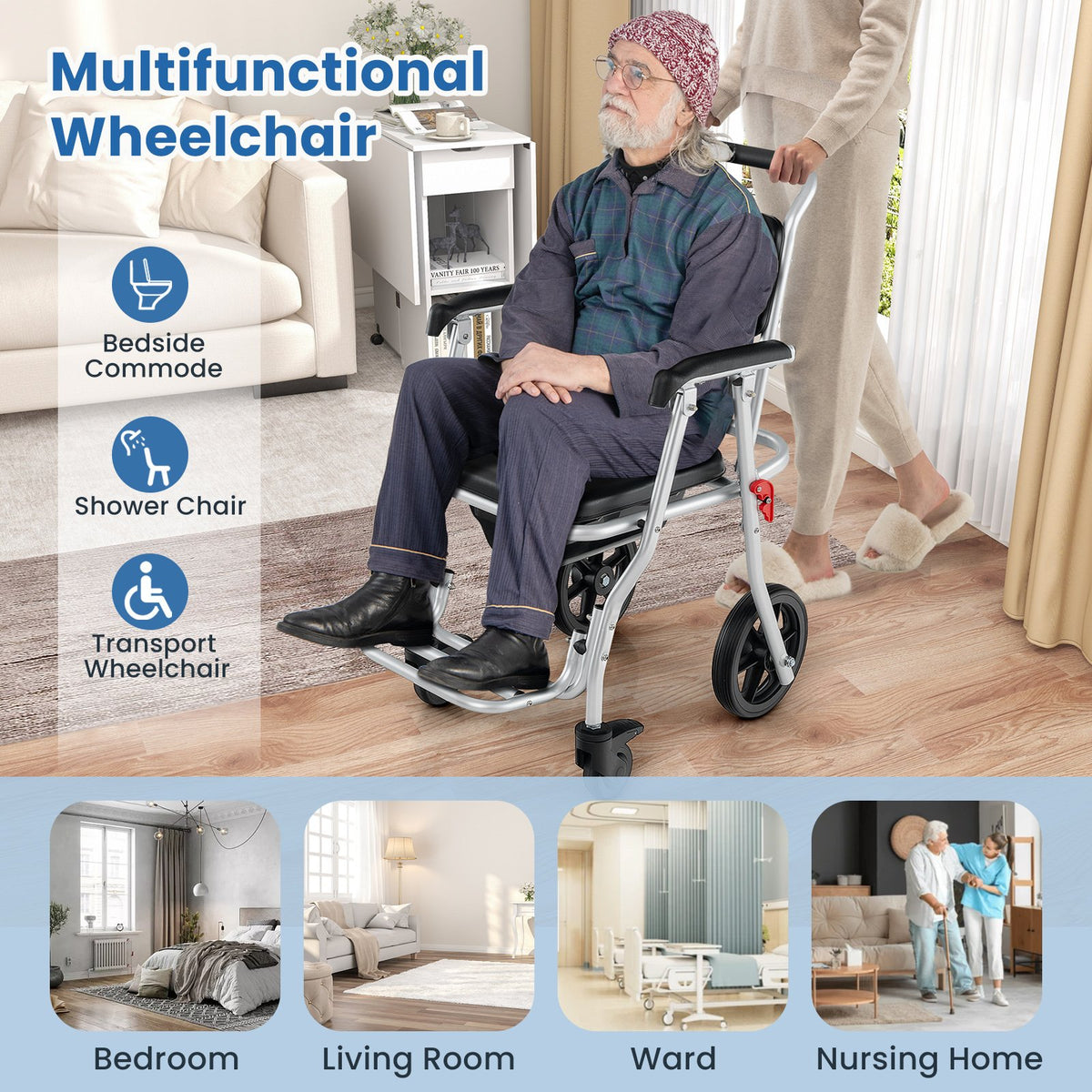 4-in-1 Foldable Bedside Commode Chair with Brakes and Bucket and Footrest view 8