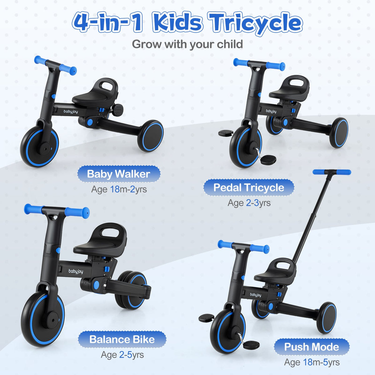 4-in-1 Foldable Toddler Tricycle with Push Handle with Adjustable Seat-Navy view 6
