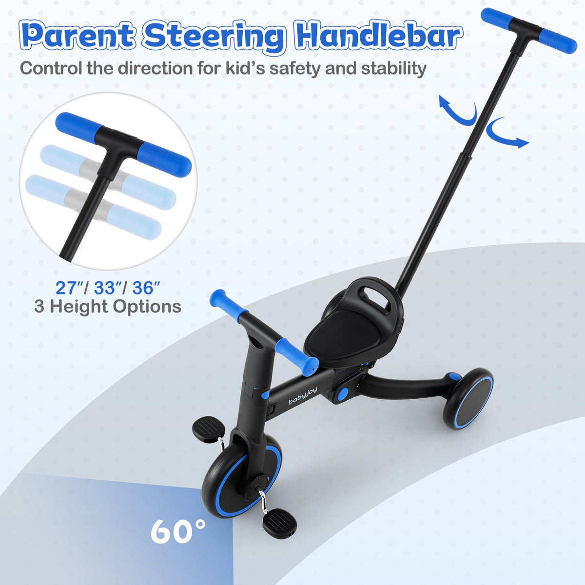 4-in-1 Foldable Toddler Tricycle with Push Handle with Adjustable Seat-Navy view 8
