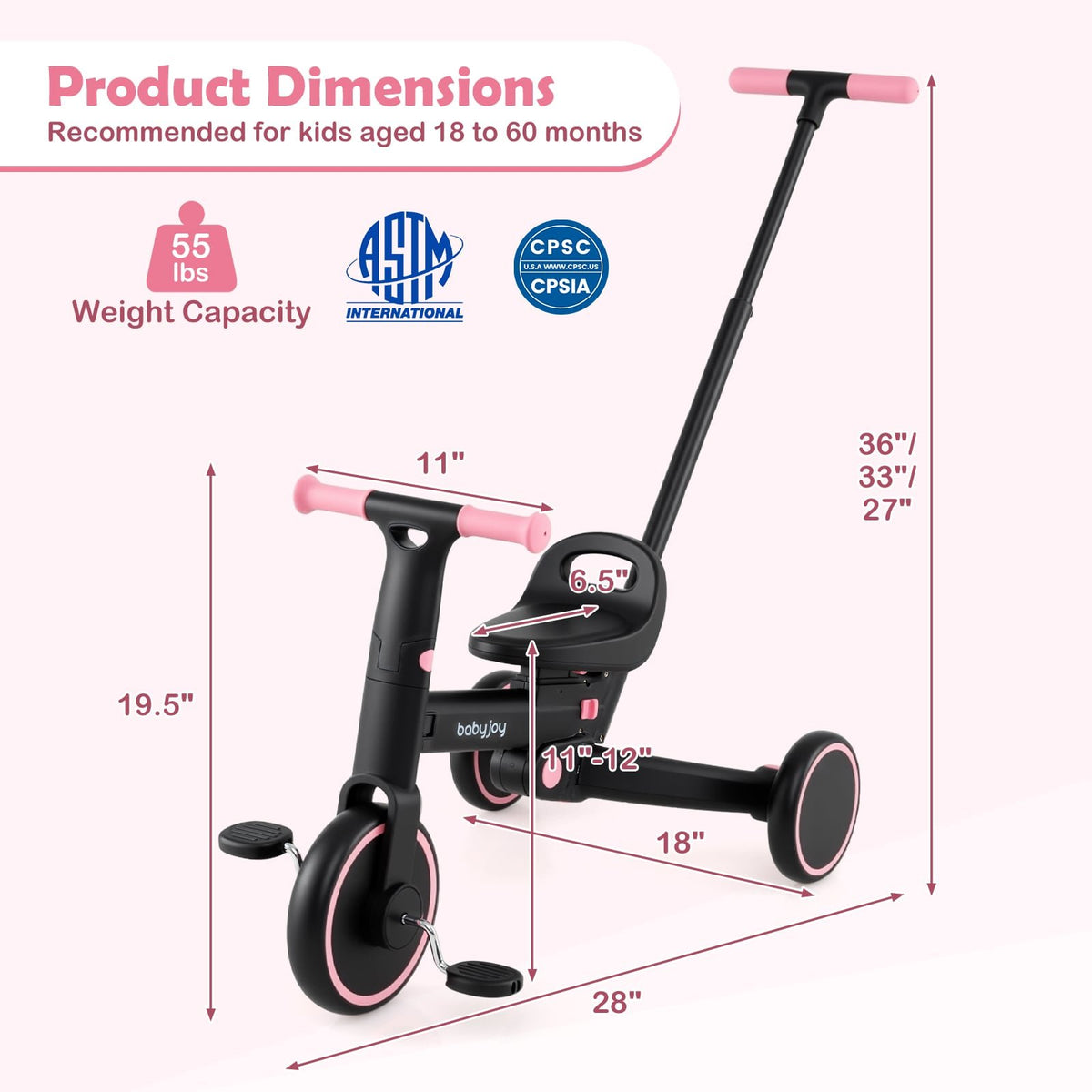 4-in-1 Foldable Toddler Tricycle with Push Handle with Adjustable Seat-Pink view 5