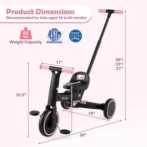 4-in-1 Foldable Toddler Tricycle with Push Handle with Adjustable Seat-Pink view 5