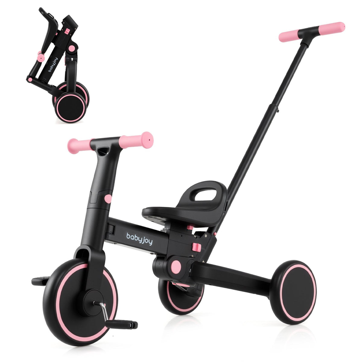 4-in-1 Foldable Toddler Tricycle with Push Handle with Adjustable Seat-Pink view 7