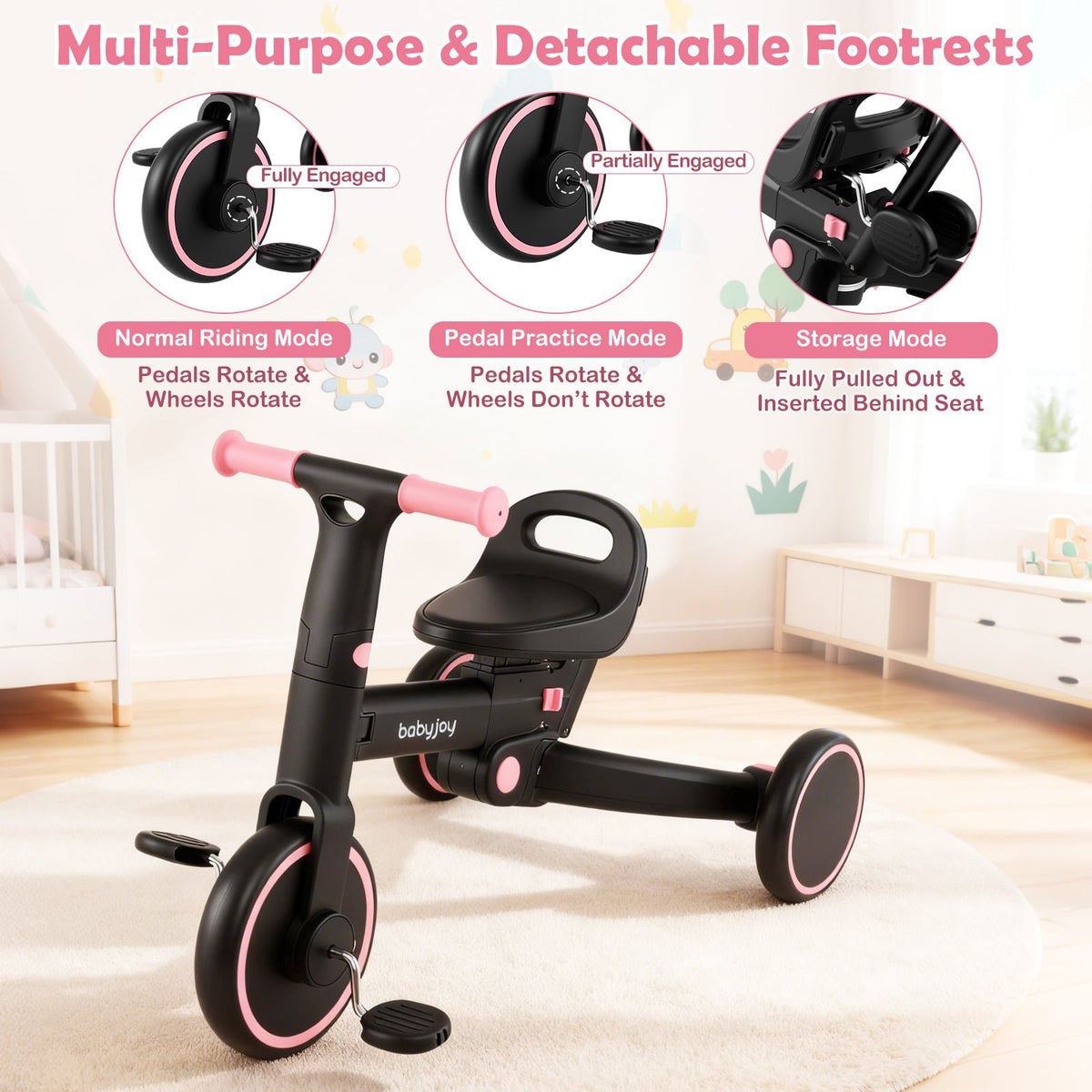 4-in-1 Foldable Toddler Tricycle with Push Handle with Adjustable Seat-Pink view 8