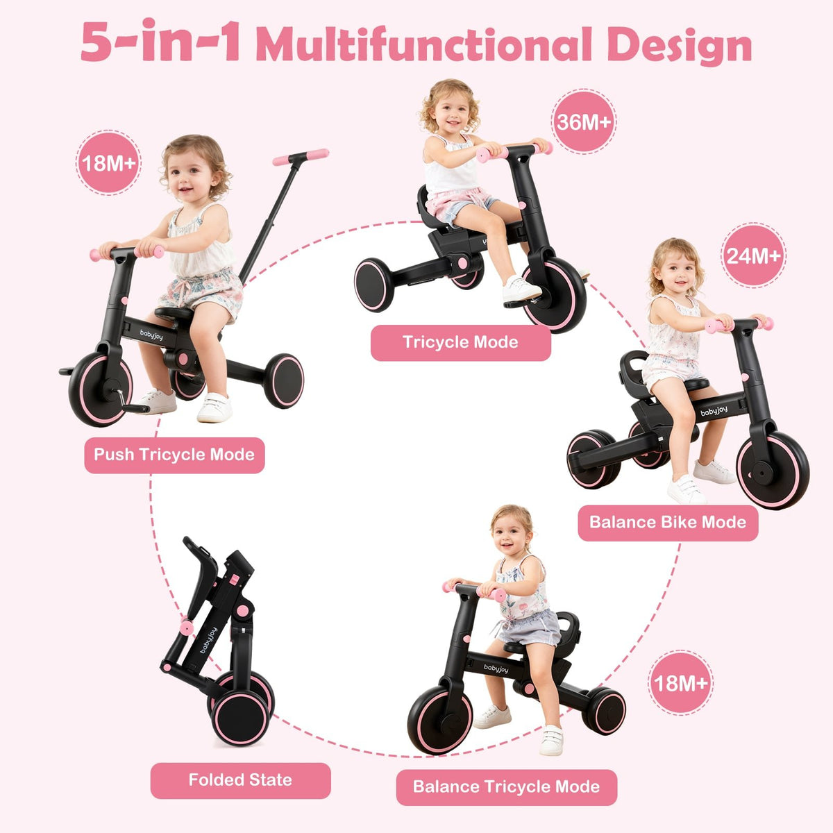 4-in-1 Foldable Toddler Tricycle with Push Handle with Adjustable Seat-Pink view 9
