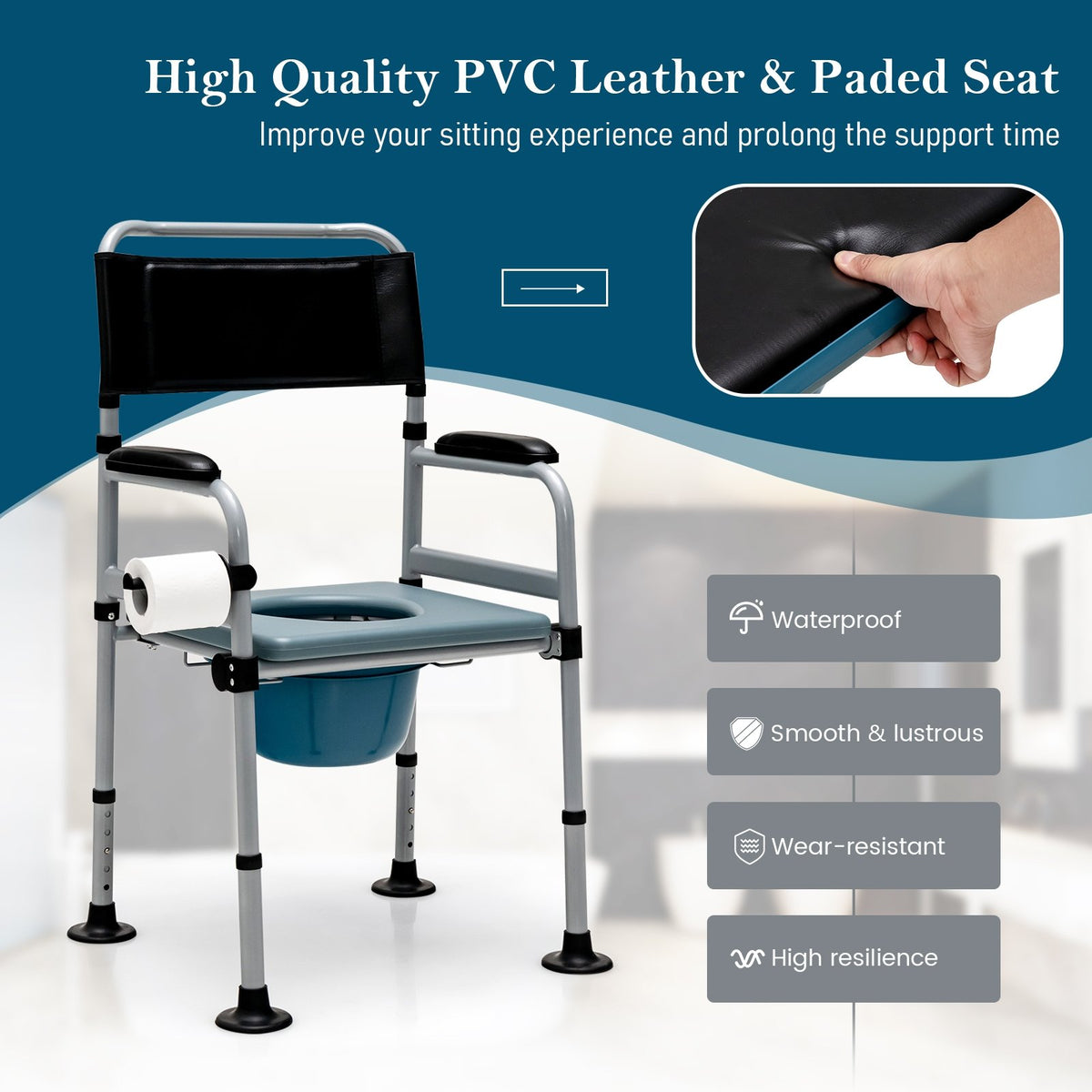 4-in-1 Folding Bedside Commode Chair with Detachable Bucket and Towel Holder view 7