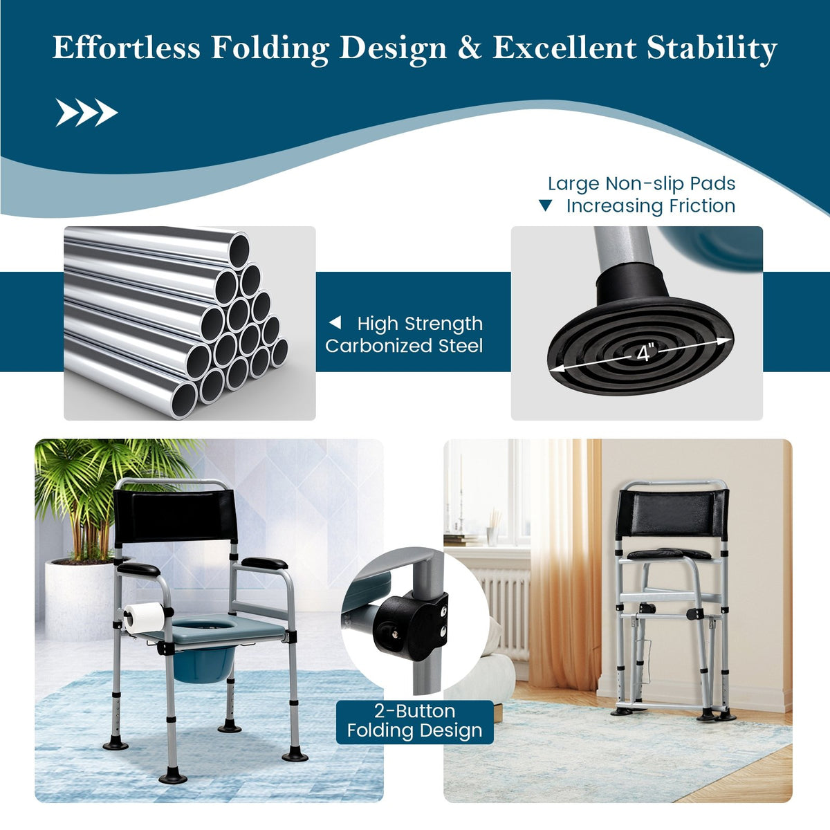4-in-1 Folding Bedside Commode Chair with Detachable Bucket and Towel Holder view 8