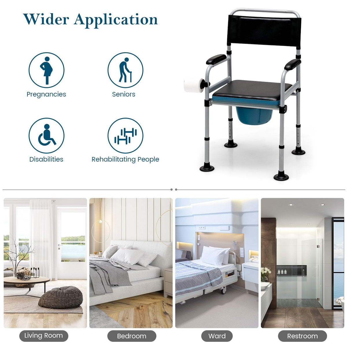 4-in-1 Folding Bedside Commode Chair with Detachable Bucket and Towel Holder view 9