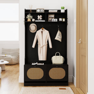 4-In-1 Hall Tree with Coat Rack and Flip Drawers for Entryway Mudroom-Black view 3