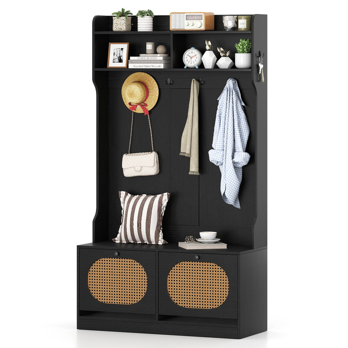 4-In-1 Hall Tree with Coat Rack and Flip Drawers for Entryway Mudroom-Black view 4