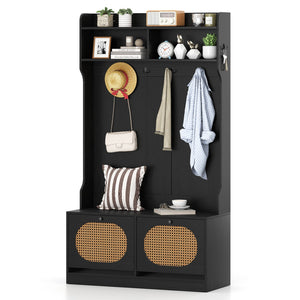 4-In-1 Hall Tree with Coat Rack and Flip Drawers for Entryway Mudroom-Black view 4