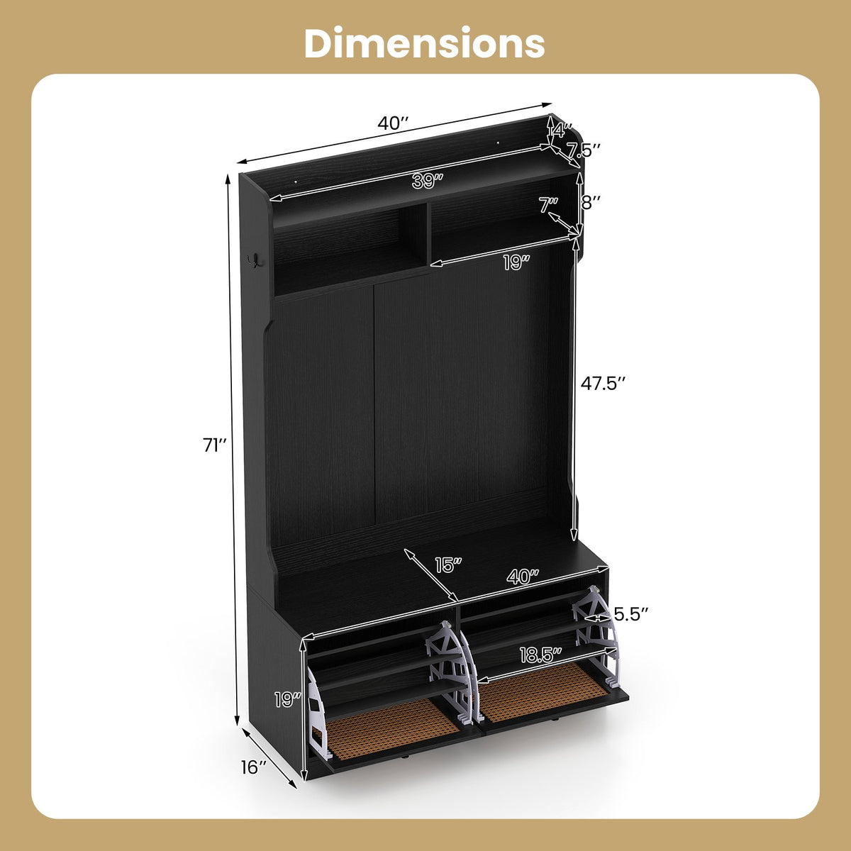 4-In-1 Hall Tree with Coat Rack and Flip Drawers for Entryway Mudroom-Black view 5