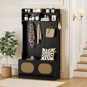 4-In-1 Hall Tree with Coat Rack and Flip Drawers for Entryway Mudroom-Black view 6