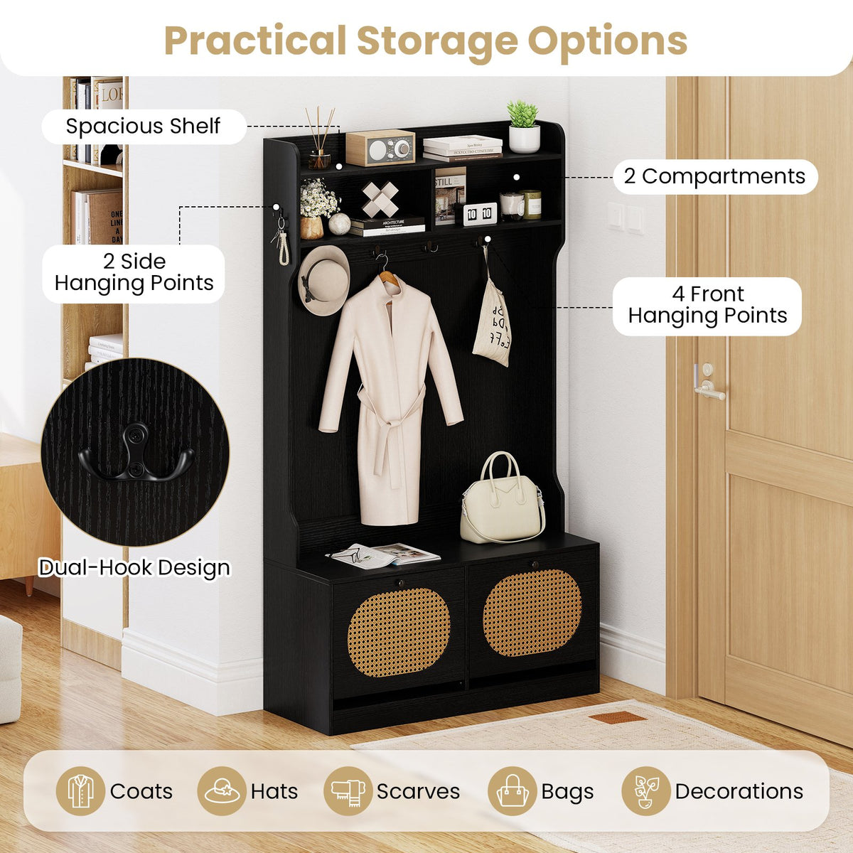 4-In-1 Hall Tree with Coat Rack and Flip Drawers for Entryway Mudroom-Black view 7