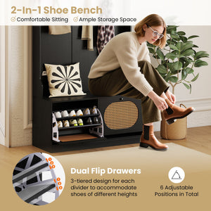 4-In-1 Hall Tree with Coat Rack and Flip Drawers for Entryway Mudroom-Black view 8