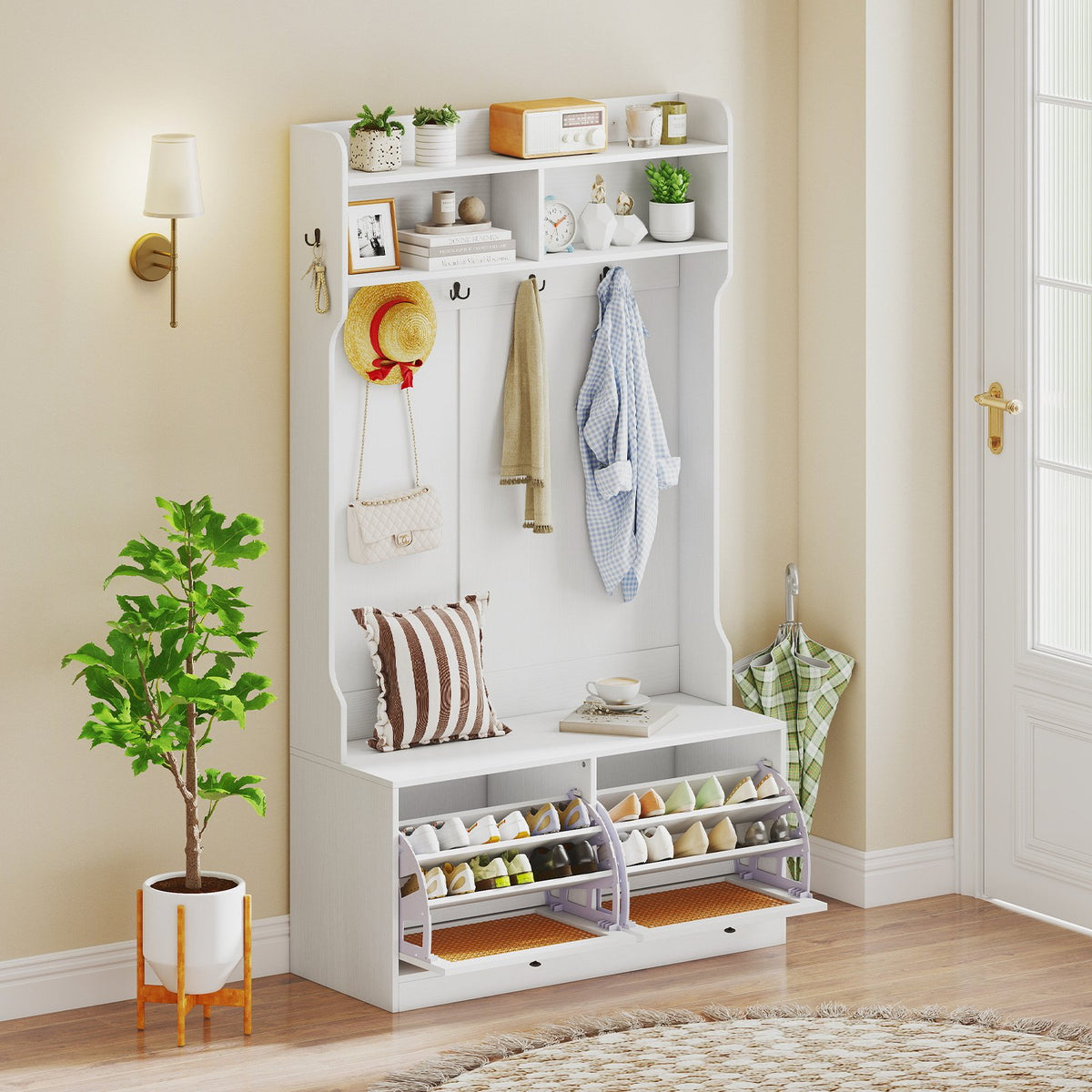 4-In-1 Hall Tree with Coat Rack and Flip Drawers for Entryway Mudroom-White view 2