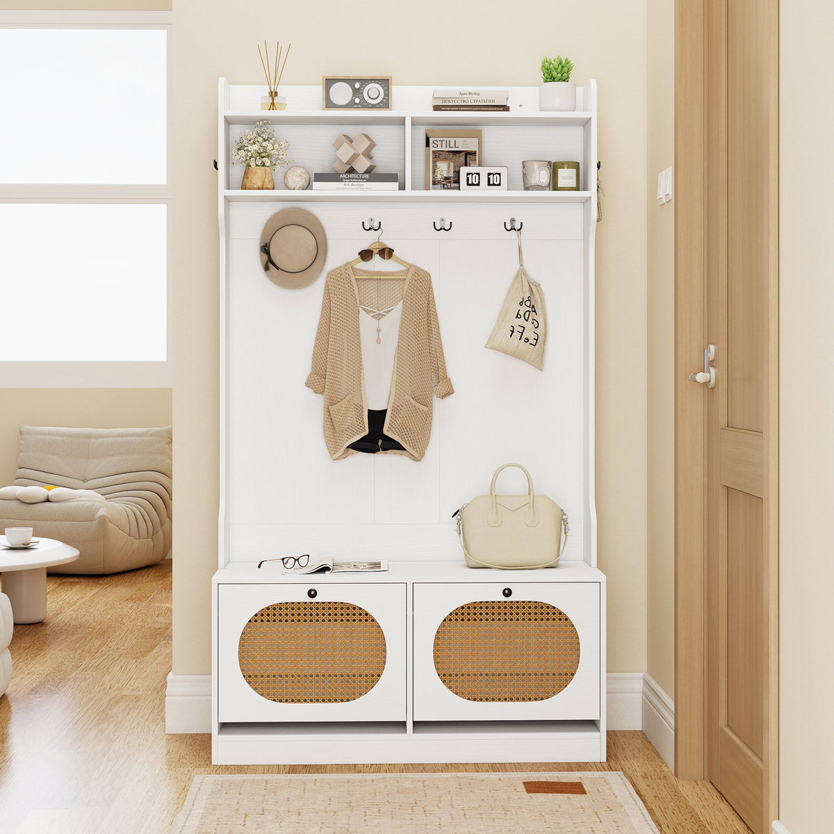 4-In-1 Hall Tree with Coat Rack and Flip Drawers for Entryway Mudroom-White view 3