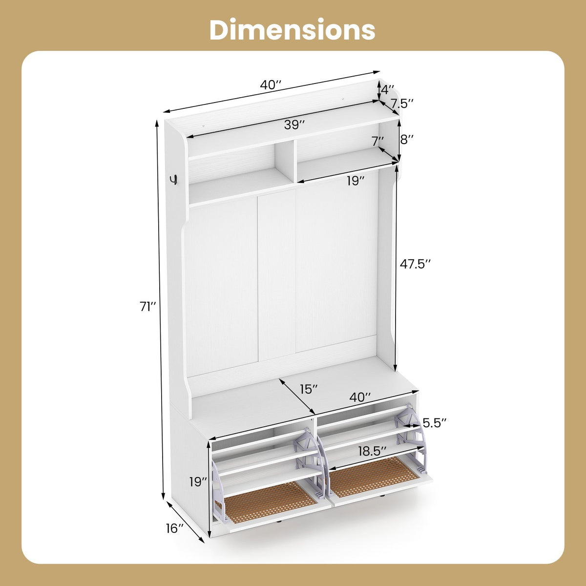 4-In-1 Hall Tree with Coat Rack and Flip Drawers for Entryway Mudroom-White view 5