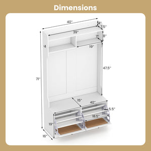 4-In-1 Hall Tree with Coat Rack and Flip Drawers for Entryway Mudroom-White view 5