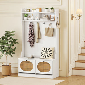 4-In-1 Hall Tree with Coat Rack and Flip Drawers for Entryway Mudroom-White view 6