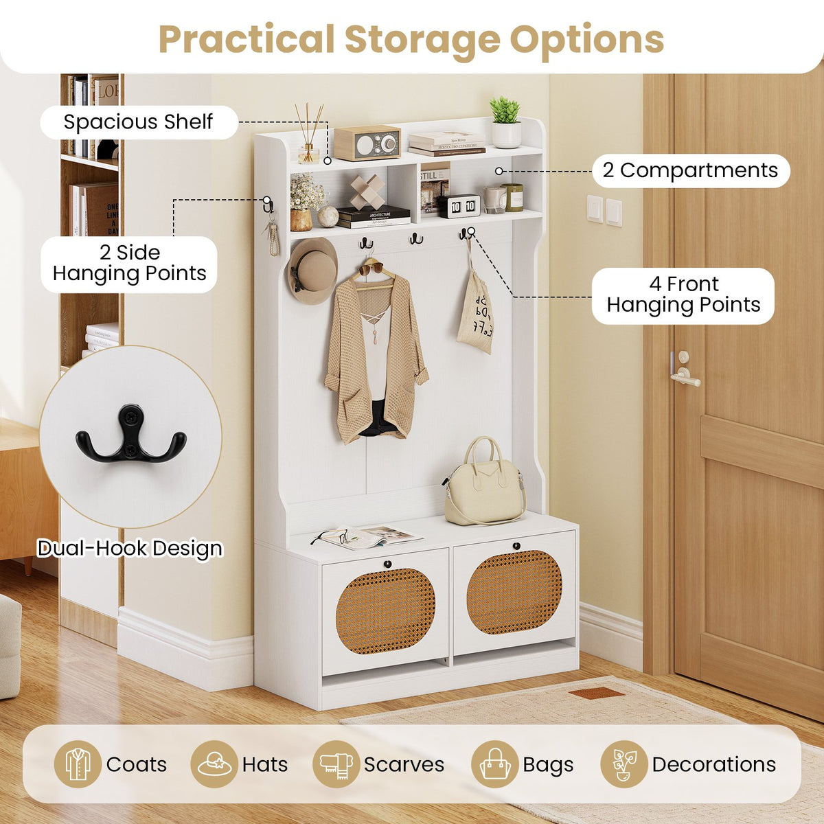 4-In-1 Hall Tree with Coat Rack and Flip Drawers for Entryway Mudroom-White view 7
