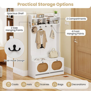 4-In-1 Hall Tree with Coat Rack and Flip Drawers for Entryway Mudroom-White view 7