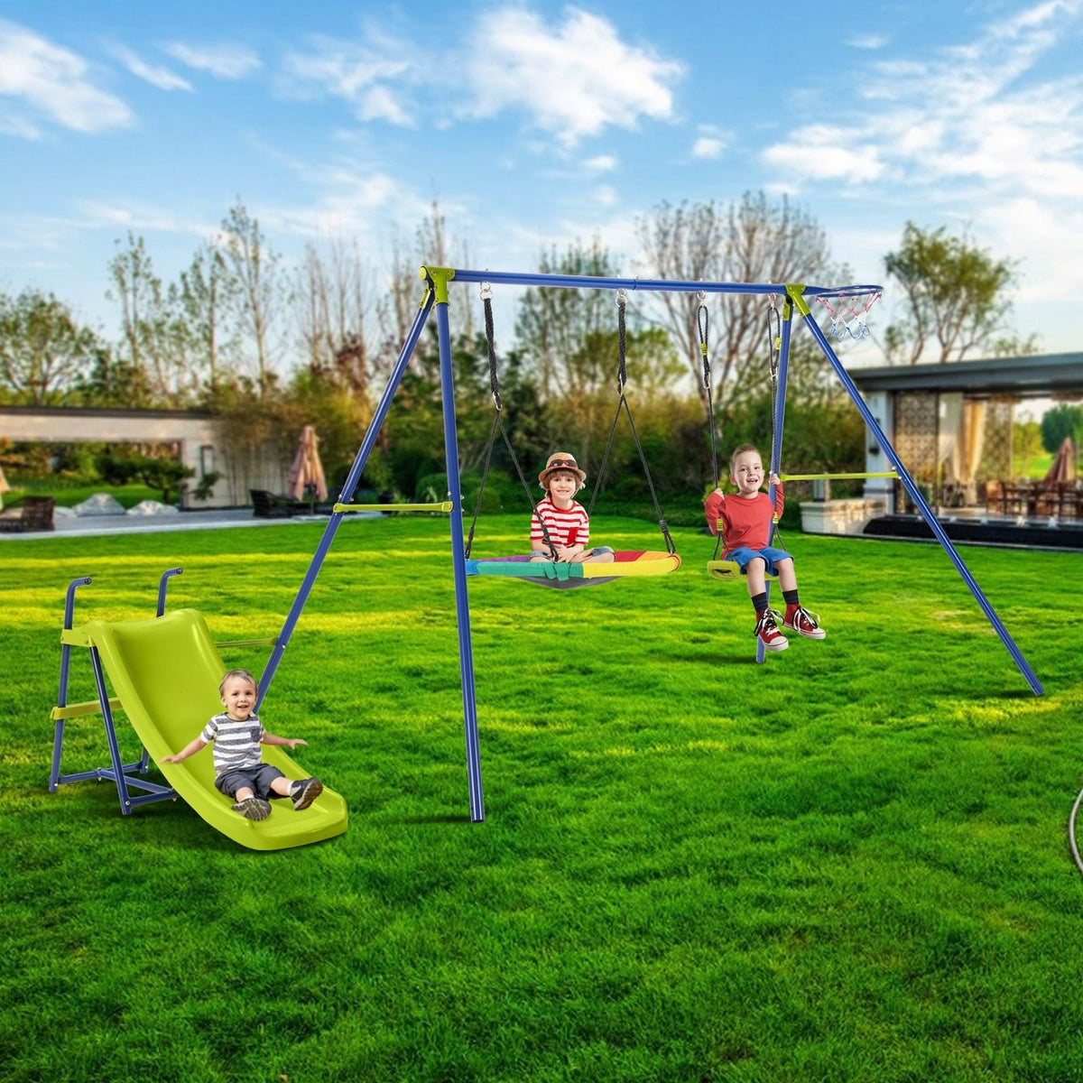4-in-1 Heavy-Duty Metal Playset with Slide and Basketball Hoop view 3