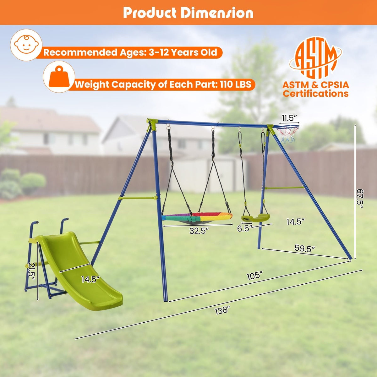 4-in-1 Heavy-Duty Metal Playset with Slide and Basketball Hoop view 5