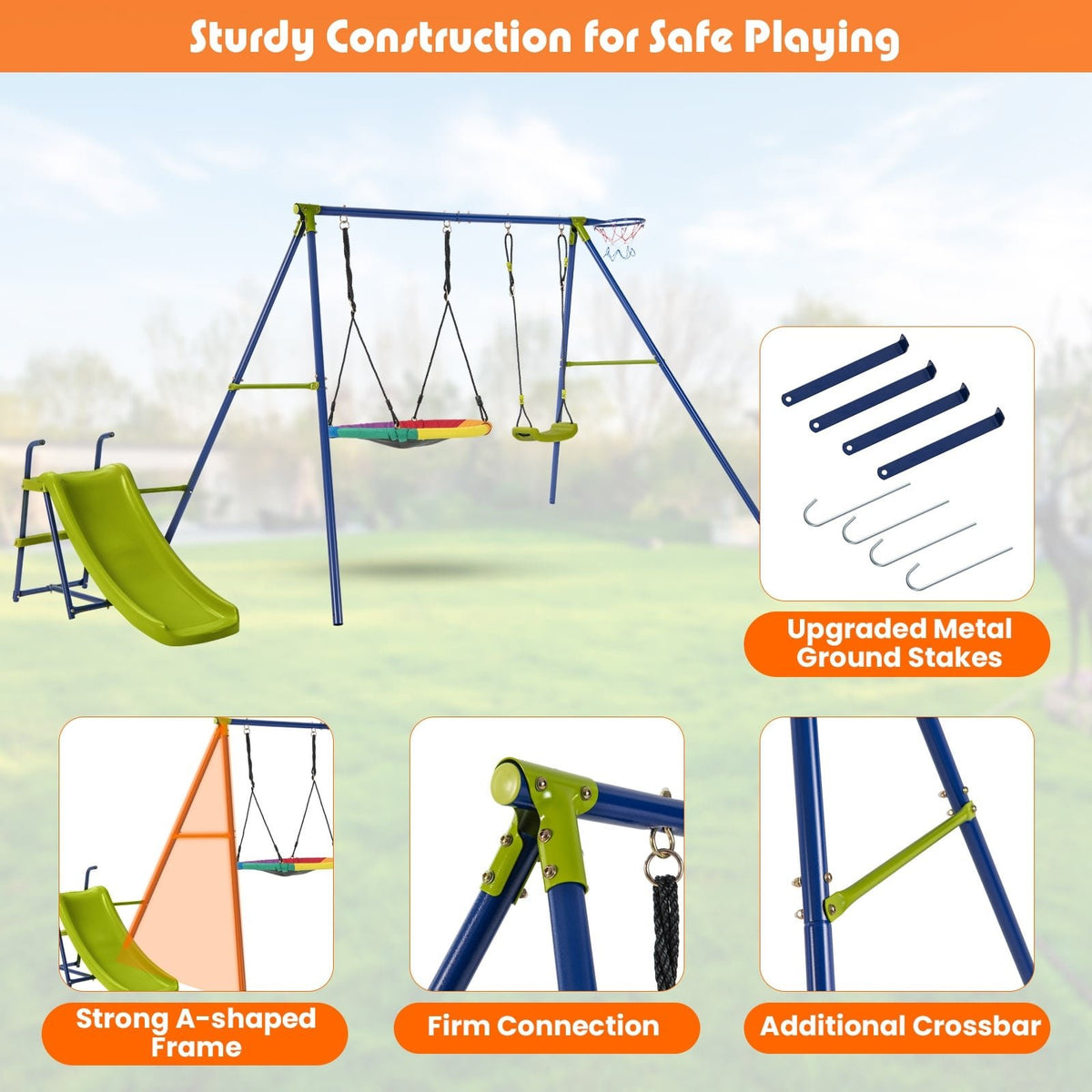 4-in-1 Heavy-Duty Metal Playset with Slide and Basketball Hoop view 6