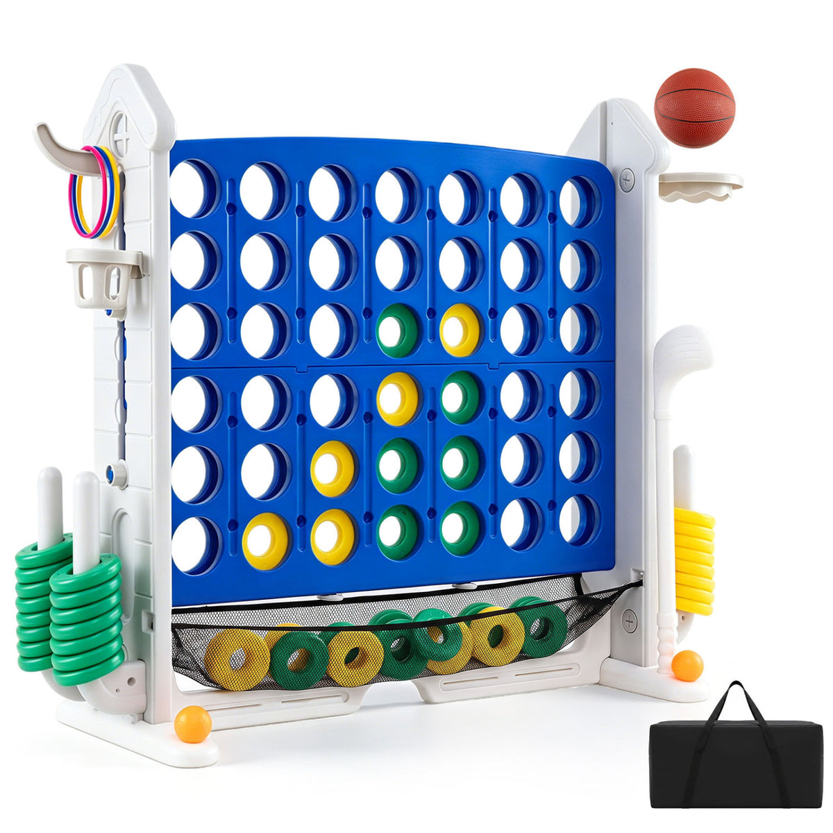 4-in-1 Height Adjustable Row Connect Game with Mesh Net and Carrying Bag-Blue