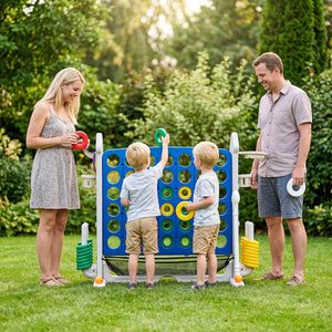 4-in-1 Height Adjustable Row Connect Game with Mesh Net and Carrying Bag-Blue view 2
