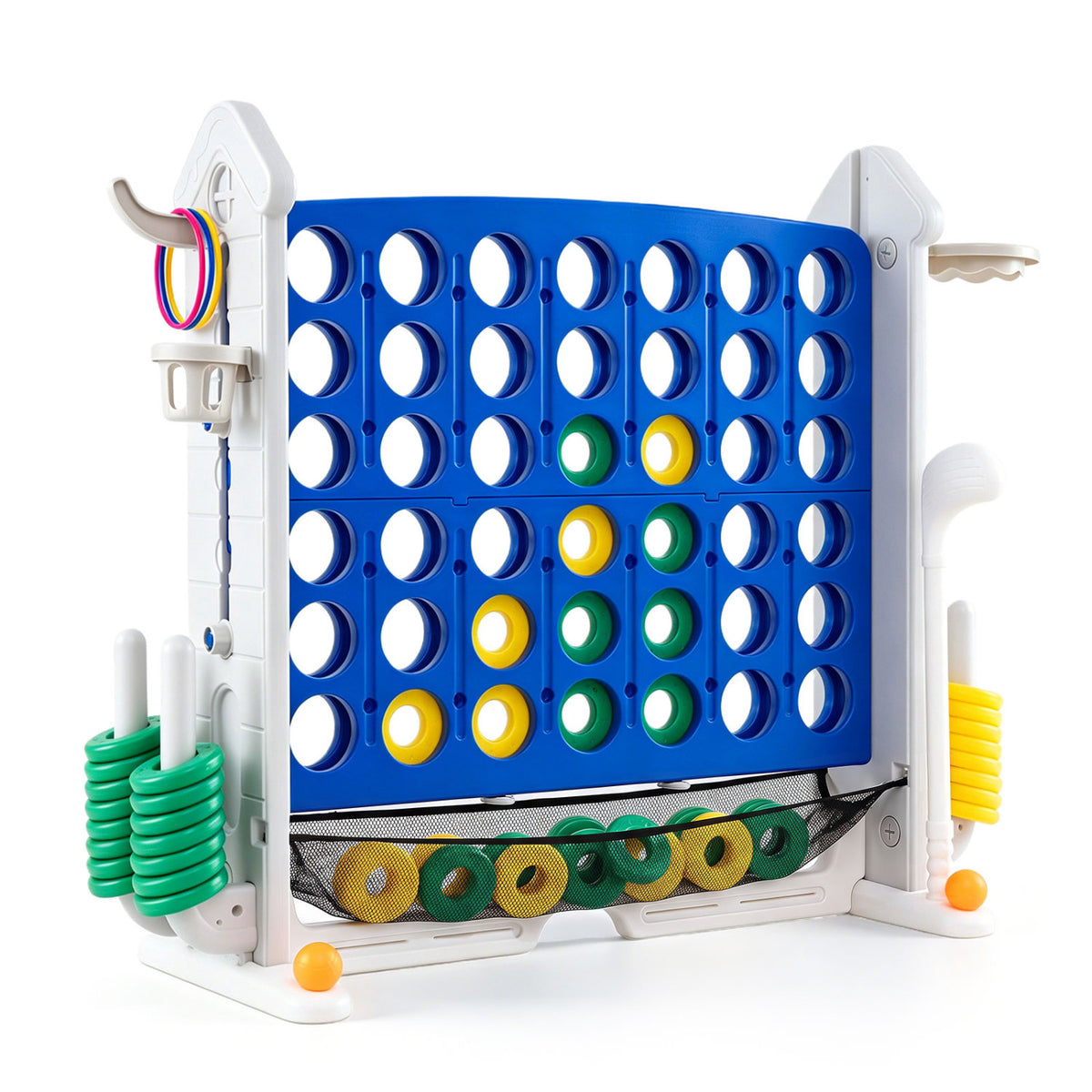 4-in-1 Height Adjustable Row Connect Game with Mesh Net and Carrying Bag-Blue view 4