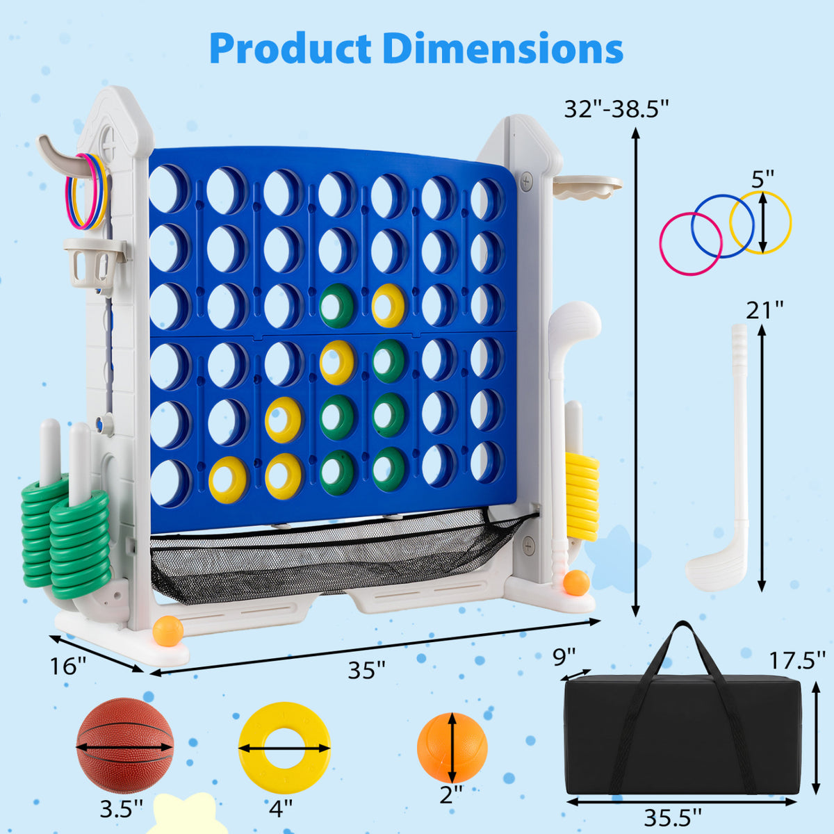 4-in-1 Height Adjustable Row Connect Game with Mesh Net and Carrying Bag-Blue view 5