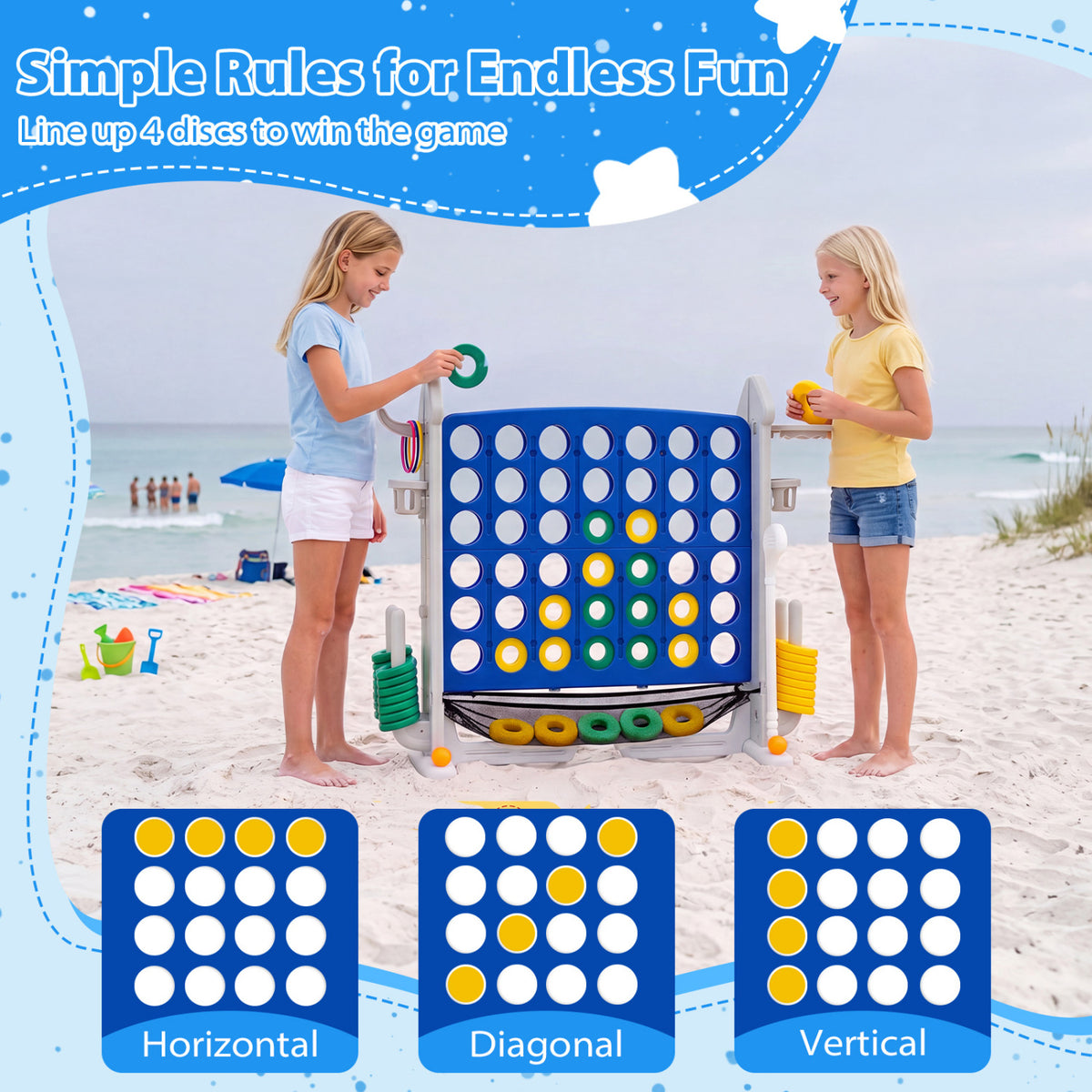 4-in-1 Height Adjustable Row Connect Game with Mesh Net and Carrying Bag-Blue view 6