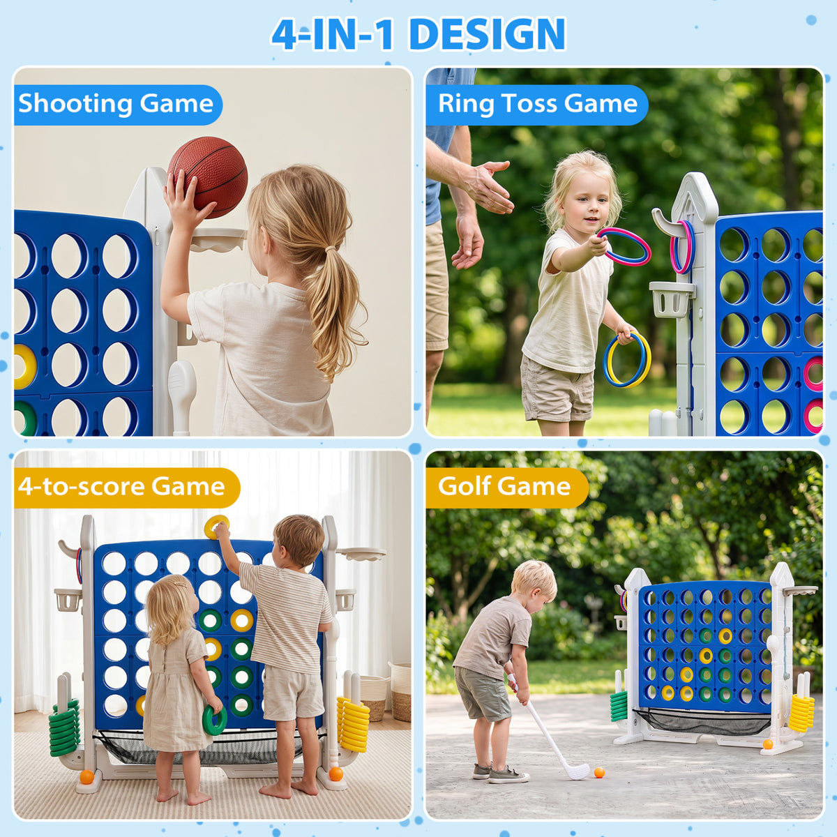 4-in-1 Height Adjustable Row Connect Game with Mesh Net and Carrying Bag-Blue view 8
