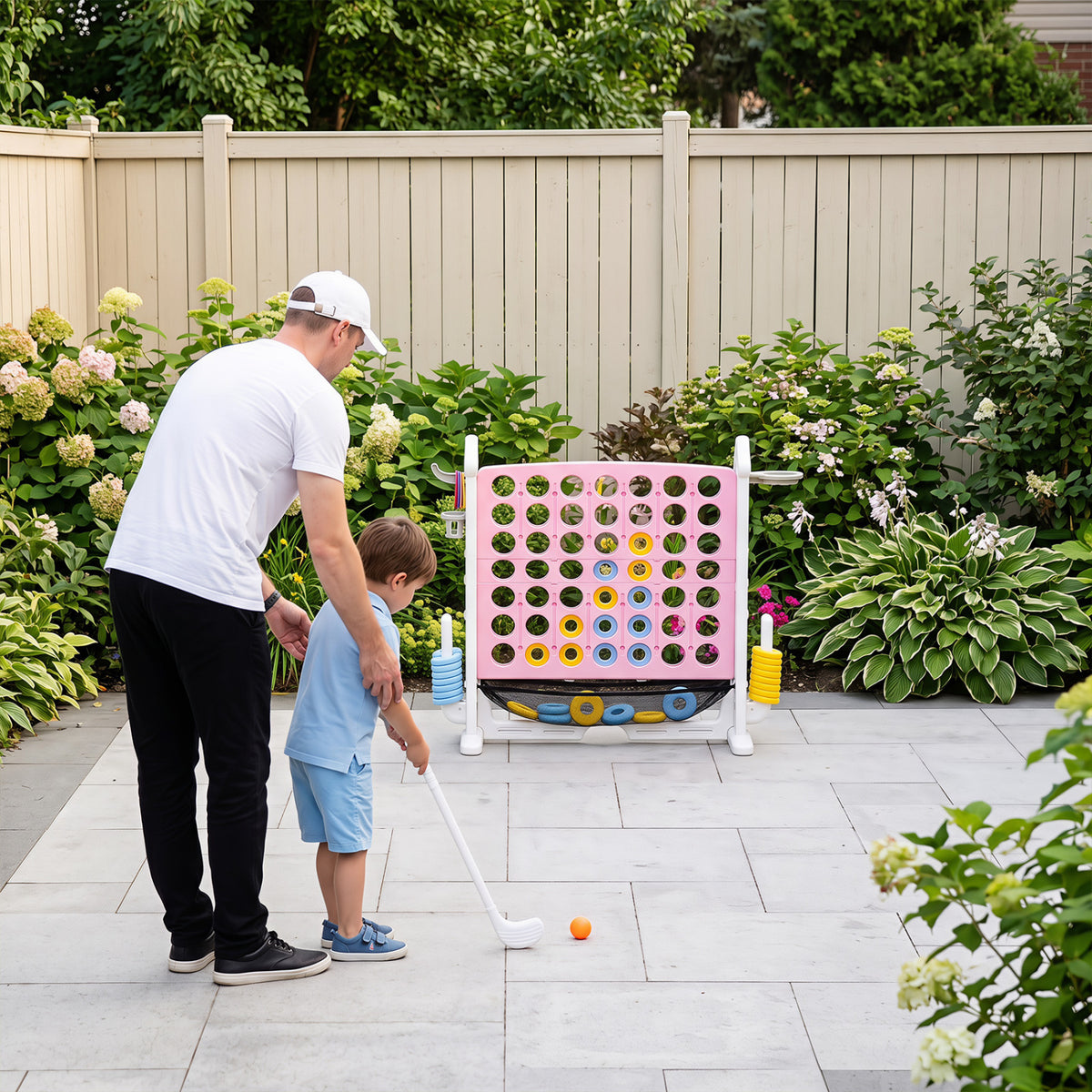 4-in-1 Height Adjustable Row Connect Game with Mesh Net and Carrying Bag-Pink view 3
