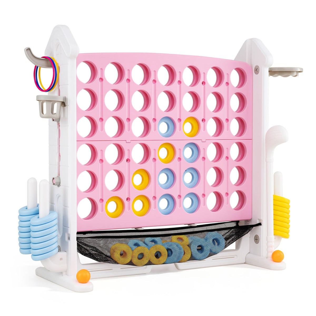 4-in-1 Height Adjustable Row Connect Game with Mesh Net and Carrying Bag-Pink view 4