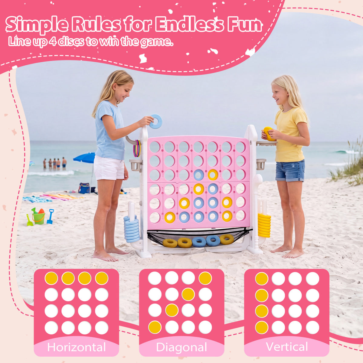4-in-1 Height Adjustable Row Connect Game with Mesh Net and Carrying Bag-Pink view 6