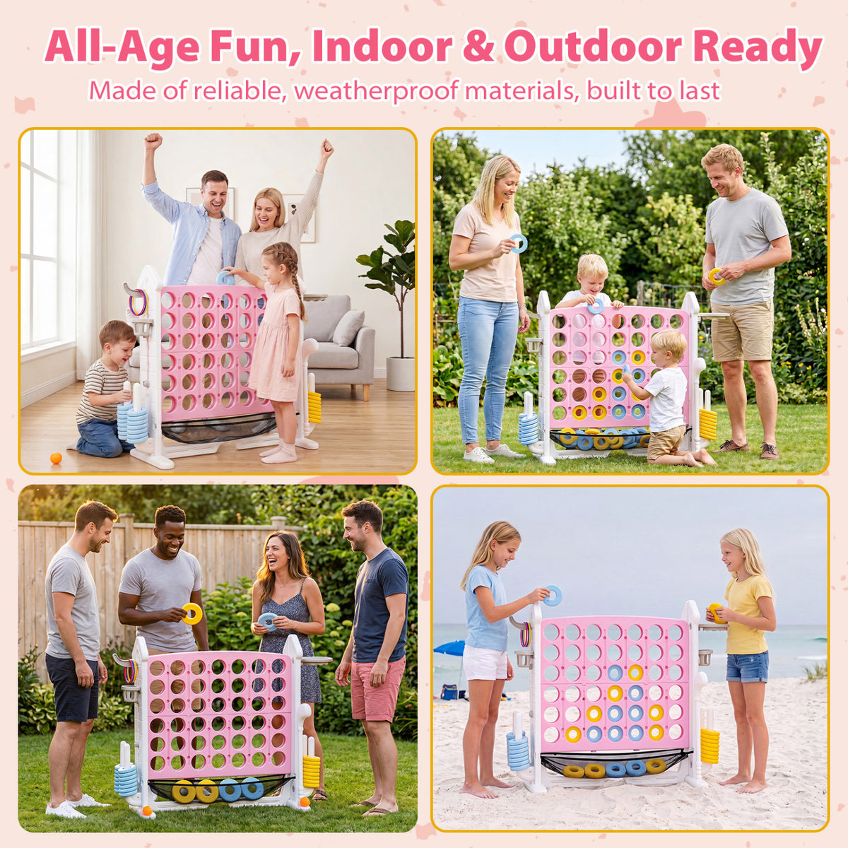 4-in-1 Height Adjustable Row Connect Game with Mesh Net and Carrying Bag-Pink view 7