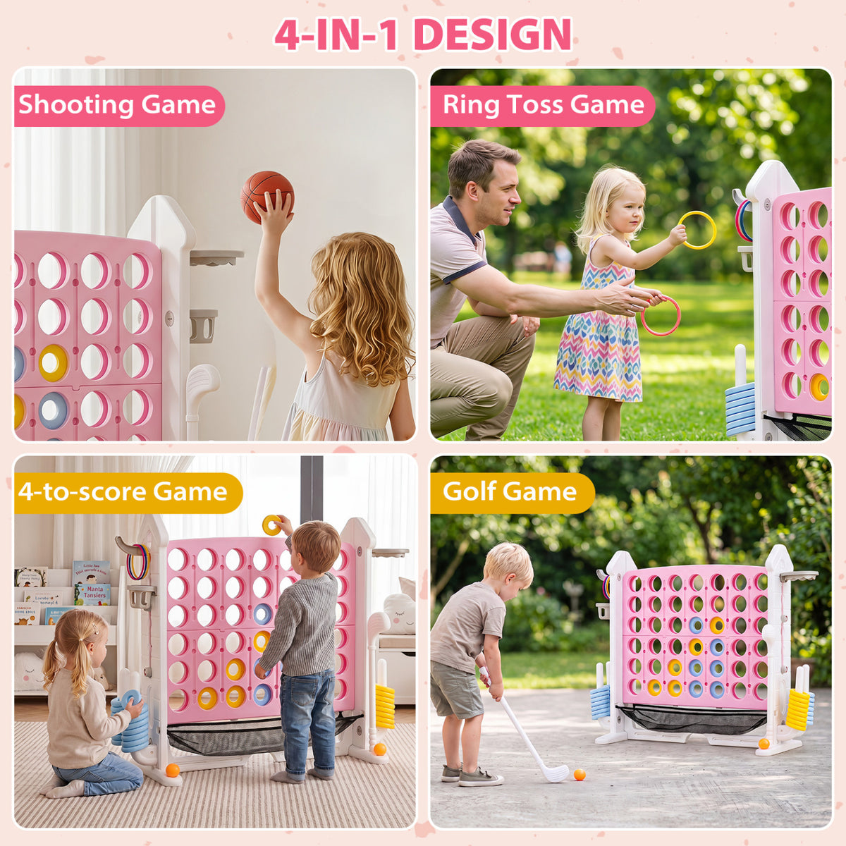4-in-1 Height Adjustable Row Connect Game with Mesh Net and Carrying Bag-Pink view 8