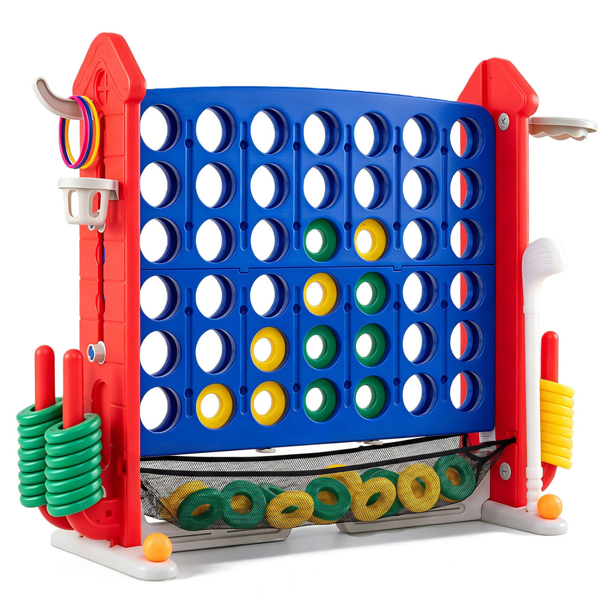4-in-1 Height Adjustable Row Connect Game with Mesh Net and Carrying Bag-Red view 4