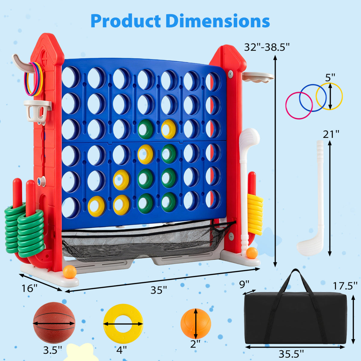 4-in-1 Height Adjustable Row Connect Game with Mesh Net and Carrying Bag-Red view 5