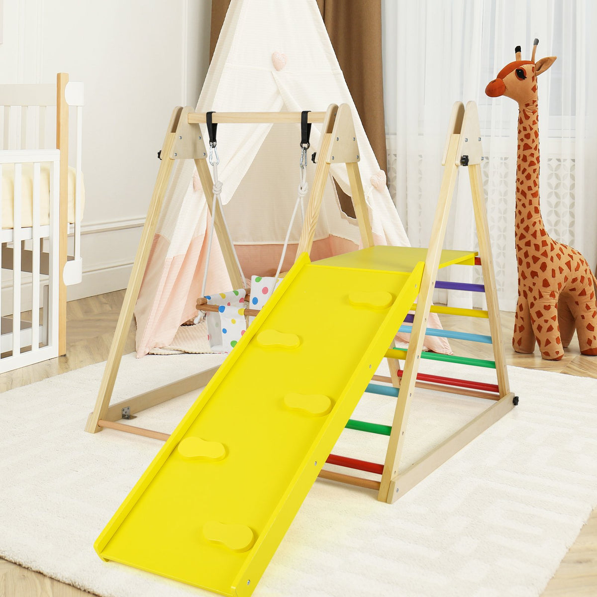 4-in-1 Indoor Jungle Gym with Baby Swing and Climbing Ramp-Multicolor view 3