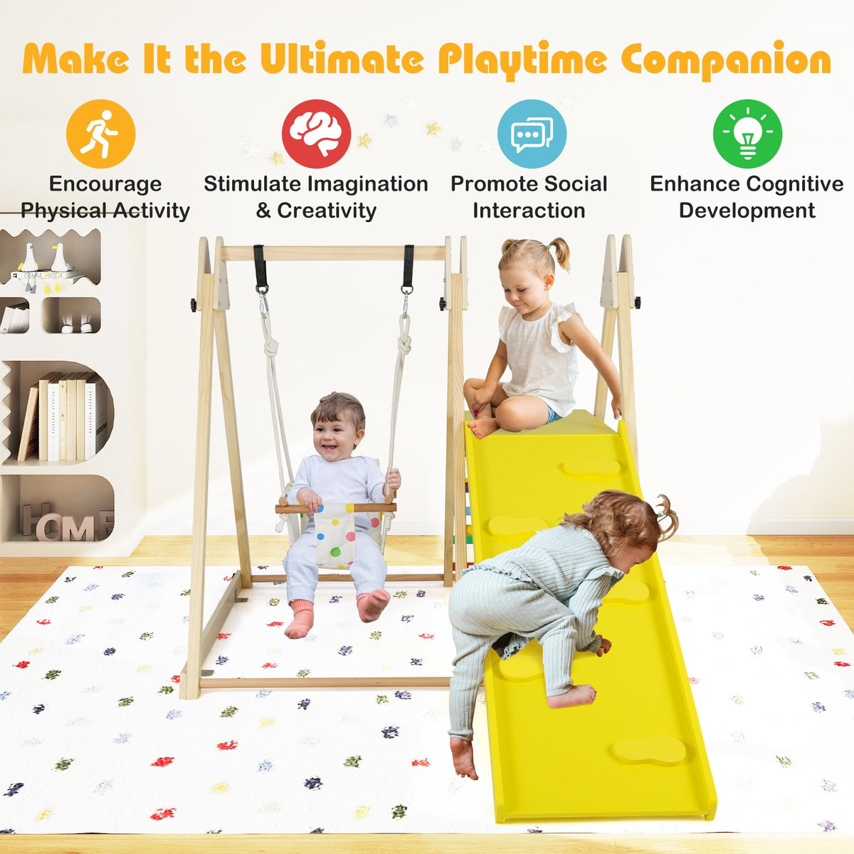 4-in-1 Indoor Jungle Gym with Baby Swing and Climbing Ramp-Multicolor view 6