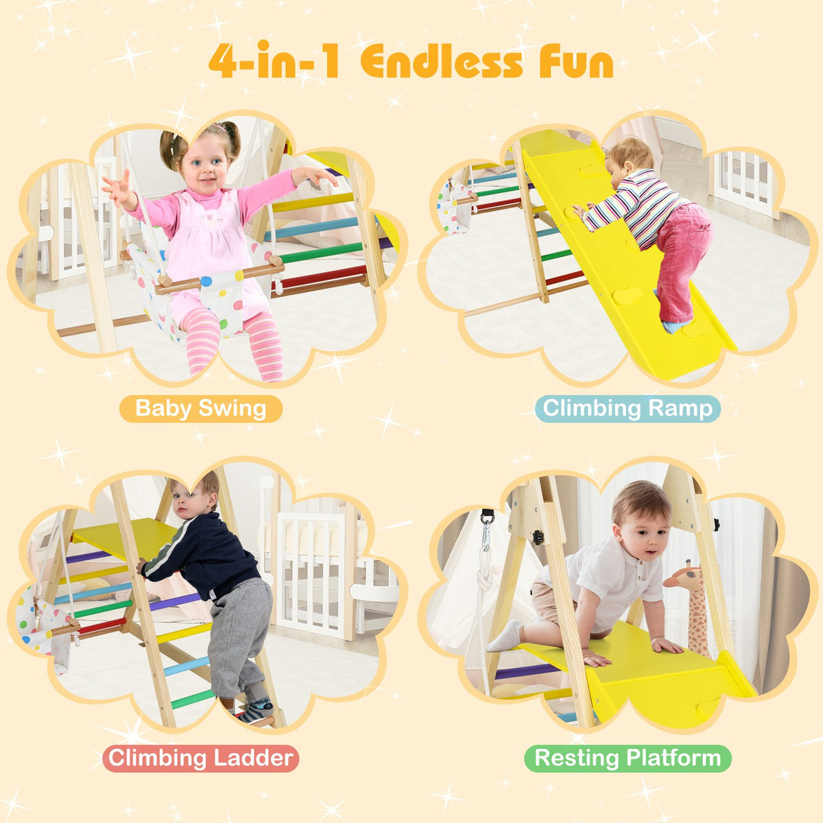 4-in-1 Indoor Jungle Gym with Baby Swing and Climbing Ramp-Multicolor view 8