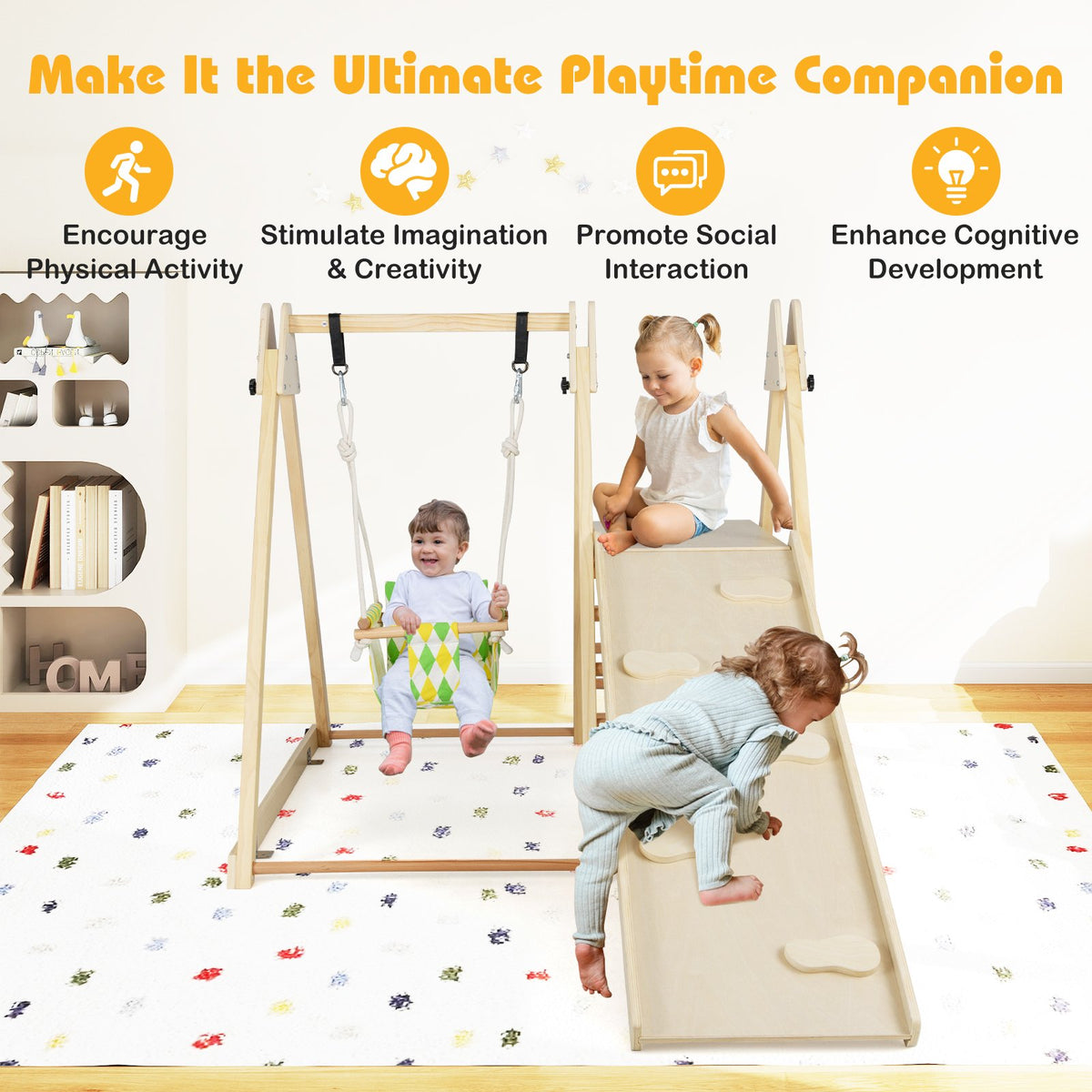 4-in-1 Indoor Jungle Gym with Baby Swing and Climbing Ramp-Natural view 2