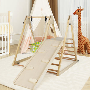 4-in-1 Indoor Jungle Gym with Baby Swing and Climbing Ramp-Natural view 3