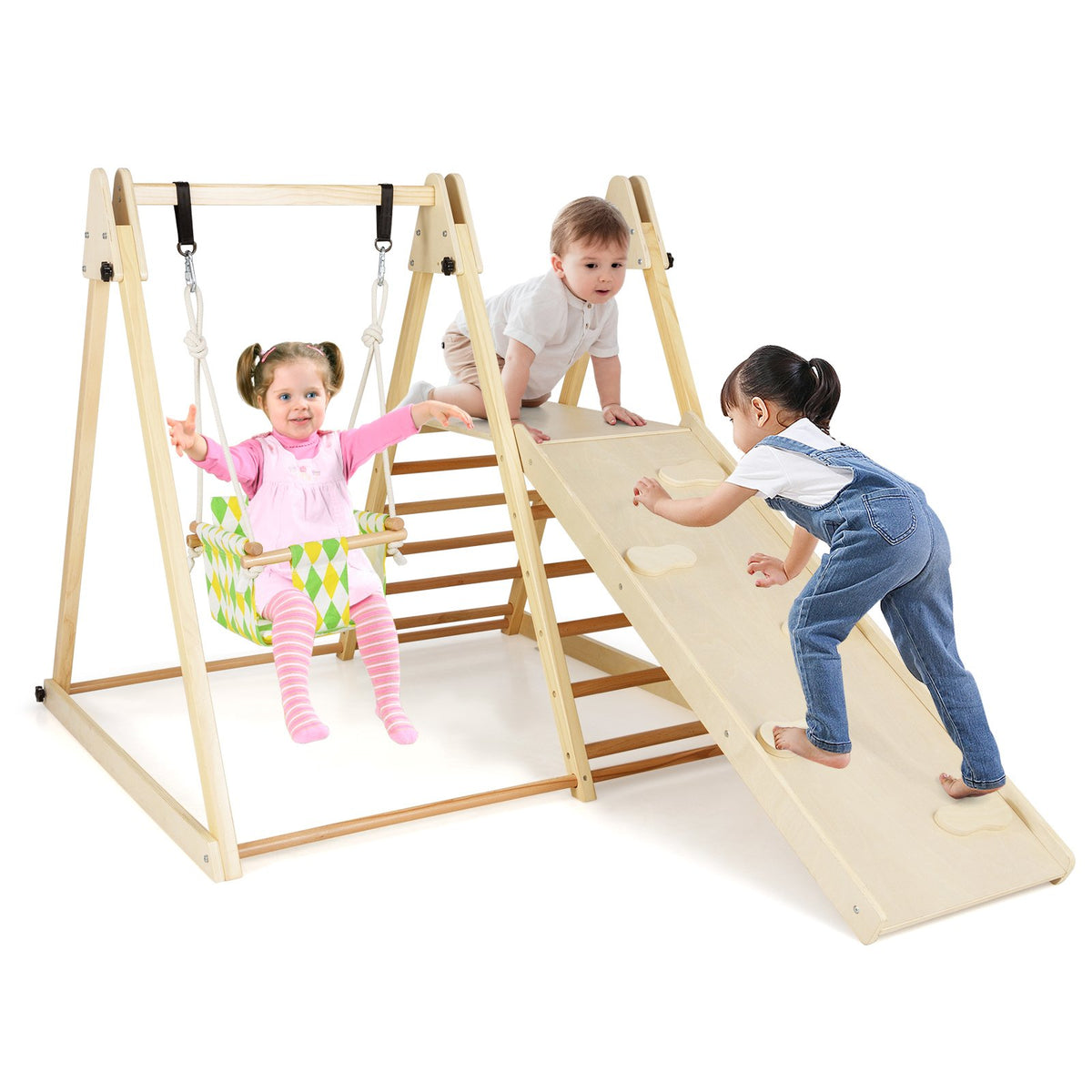 4-in-1 Indoor Jungle Gym with Baby Swing and Climbing Ramp-Natural view 4